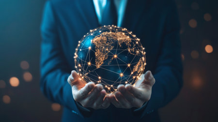 Businessman holding global network connection on social networking and customer data analytics, Business strategy and smart intelligence, digital marketing, Technology and global business.の素材