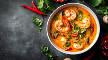 An overhead view of Tom Yum Goong soup in a white bowl, with vibrant ingredients like shrimp, mushrooms, and red chilies clearly visible.の素材