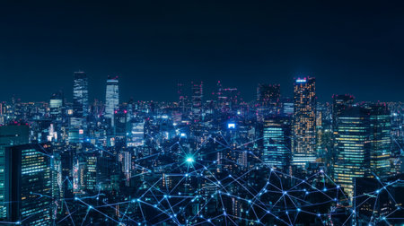 Smart city and communication network concept. 5G. IoT (Internet of Things). Telecommunication.の素材