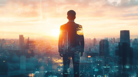 The double exposure image of the businessman standing back during sunrise overlay with cityscape image. The concept of modern life, business, city life and internet of things.の素材