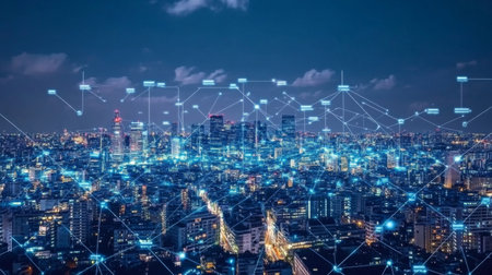 Smart city and communication network concept. 5G. IoT (Internet of Things). Telecommunication.の素材