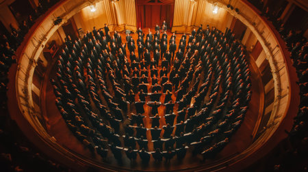 An overhead view of a choir singing in perfect harmony, showcasing their arrangement and the energy of the performance in a well-lit auditorium.の素材