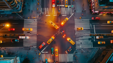 An overhead view of a traffic light at an intersection, showing the arrangement of lights and the flow of vehicles below.の素材