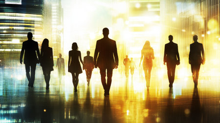 Group of business people outlines with lit background . Mixed mediaの素材