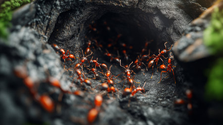 An up-close image of an ant nest entrance with ants actively coming and going, showing the busy activity of the colony.の素材