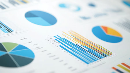 An infographic-style financial graph with pie charts, bar graphs, and line charts, designed for a professional presentation or report.の素材