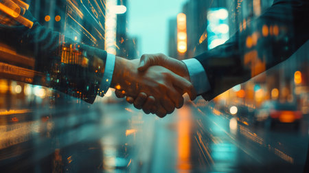 Double Exposure of a businessman handshake on the background blurred downtown nightlife. The concept of an agreement.の素材