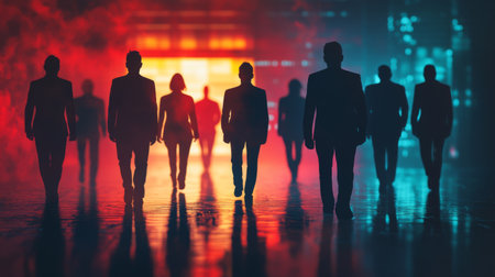 Group of business people outlines with lit background . Mixed mediaの素材