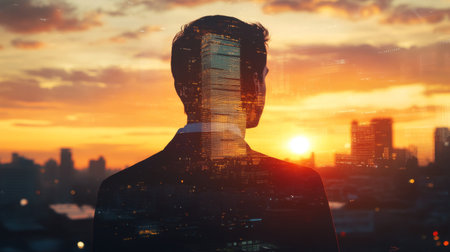 The double exposure image of the businessman standing back during sunrise overlay with cityscape image. The concept of modern life, business, city life and internet of things.の素材