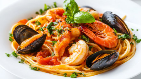An artfully arranged plate of spaghetti with seafood, including shrimp and mussels, garnished with fresh herbs and set on a white backdrop.の素材