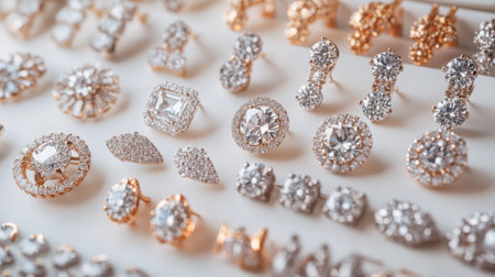 An array of luxury diamond earrings displayed on a white surface, featuring various styles and cuts, emphasizing their shine and craftsmanship.の素材