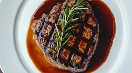 An overhead close-up of a grilled steak with grill marks, accompanied by a rich sauce and garnished with rosemary on a white plate.の素材