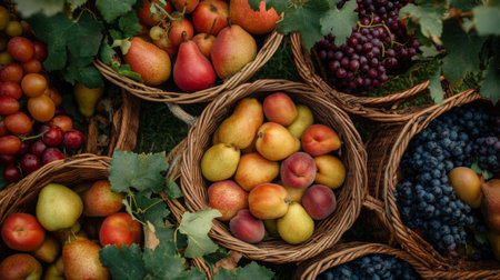 An overhead shot of a bountiful fruit harvest in a garden, with baskets full of assorted fruits like pears, grapes, and peaches.の素材
