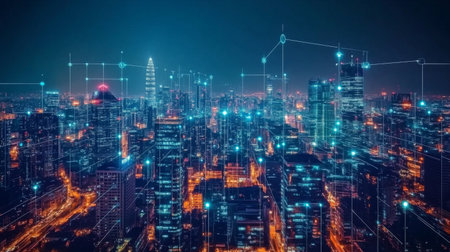 Smart city and communication network concept. 5G. IoT (Internet of Things). Telecommunication.の素材