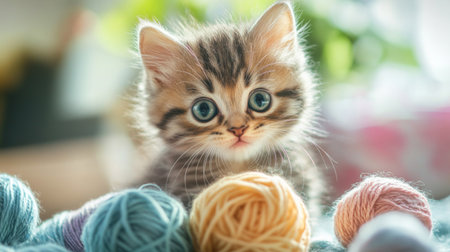 An endearing photo of a kitten playing with a ball of yarn, with its playful antics and wide-eyed curiosity captured in a bright, cheerful settingの素材