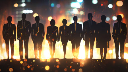 Group of business people outlines with lit background . Mixed mediaの素材