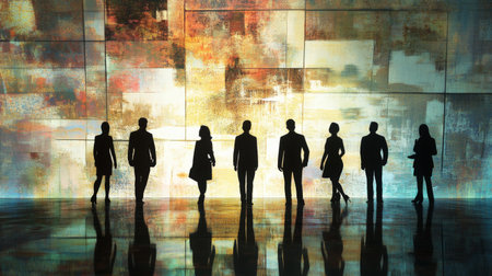 Group of business people outlines with lit background . Mixed mediaの素材
