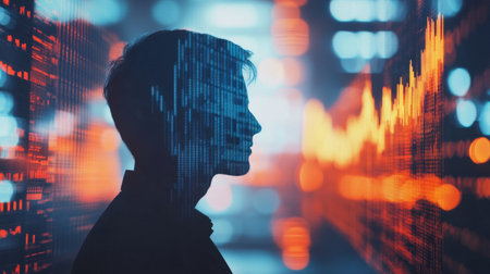 Double exposure businessman and stock market or forex graph suitable for financial investment concept. Economy trends background for business idea and all art work design. Abstract finance background.の素材