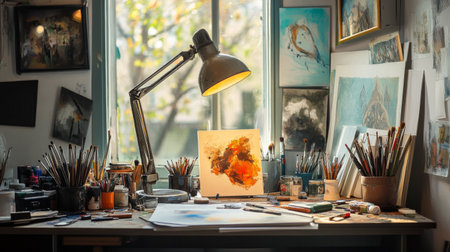 A creative workspace with an artist's tools, including a lamp plugged into a nearby socket, providing bright light for intricate work, and scattered art supplies around.の素材