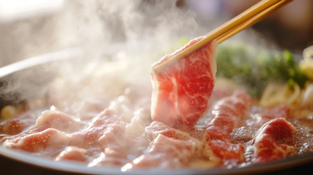 A close-up of chopsticks dipping meat into a shabu hot pot, with steam rising and a white backdrop highlighting the action.の素材