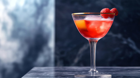 A stylish glass with a gold rim, filled with a vibrant, fruit-infused beverage and set against a chic, modern background.の素材