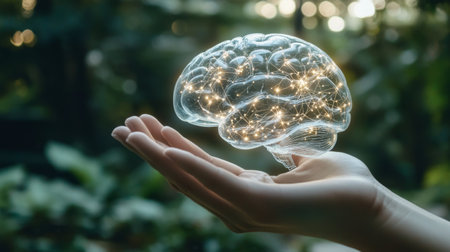 A person holding a transparent brain model with visible neural connections, symbolizing the concept of cognitive health and understanding brain functions.の素材