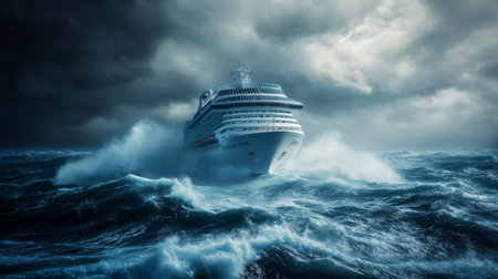A dramatic shot of a cruise ship navigating through rough seas, with towering waves and a stormy sky creating a powerful contrast with the ship resilience and design.の素材