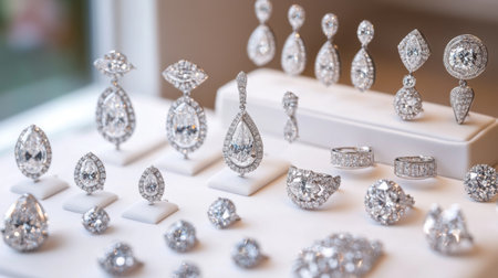 An array of luxury diamond earrings displayed on a white surface, featuring various styles and cuts, emphasizing their shine and craftsmanship.の素材