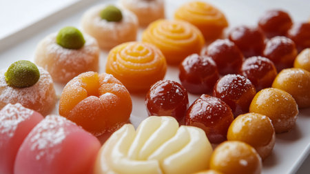 An assortment of Indian sweets like gulab jamun and jalebi, displayed on a white background, with a focus on the bright colors and sugary texturesの素材