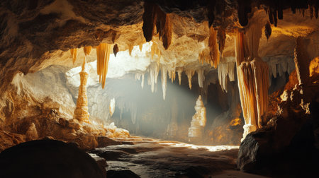 An expansive view inside a dramatic cave with stalactites and stalagmites, illuminated by soft, natural light filtering through an openingの素材
