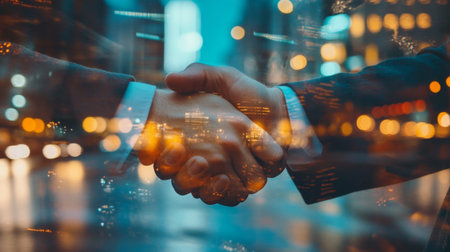 Double Exposure of a businessman handshake on the background blurred downtown nightlife. The concept of an agreement.の素材