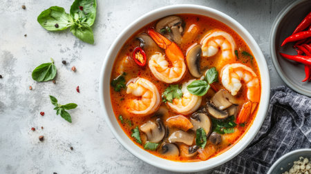 An overhead view of Tom Yum Goong soup in a white bowl, with vibrant ingredients like shrimp, mushrooms, and red chilies clearly visible.の素材