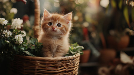 An irresistibly cute photo of a kitten with a tiny, twitching nose, sitting in a flowerpot or basket, with its round face and fluffy fur adding to its charm.の素材