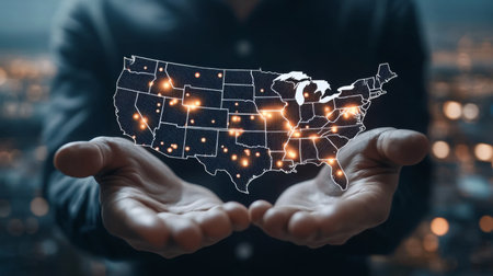 Businessman on blurred background using USA world map interface 3D renderingの素材