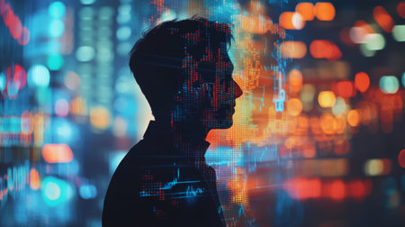 Double exposure businessman and stock market or forex graph suitable for financial investment concept. Economy trends background for business idea and all art work design. Abstract finance background.の素材