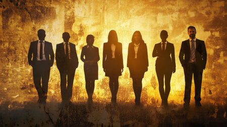 Group of business people outlines with lit background . Mixed mediaの素材