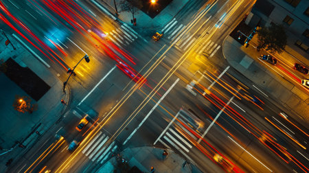 An overhead view of a traffic light at an intersection, showing the arrangement of lights and the flow of vehicles below.の素材
