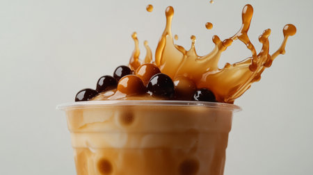 A close-up of a bubble tea cup with caramel pearls and a splash of caramel sauce, highlighting the rich textures and colors against a clean, white background.の素材