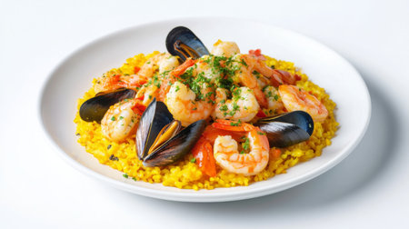 A beautifully presented seafood paella with shrimp, mussels, and saffron rice, set on a white plate or dish, with a bright white background emphasizing its vibrant colors.の素材