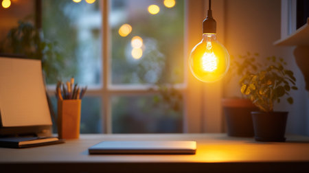 A bright LED light bulb illuminating a workspace with clean, focused light, showcasing its effectiveness in a home office or study area.の素材