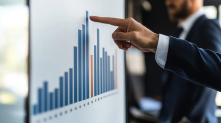 A businessman pointing at a whiteboard with a growing bar graph during a presentation. The graph shows a significant upward trend.の素材