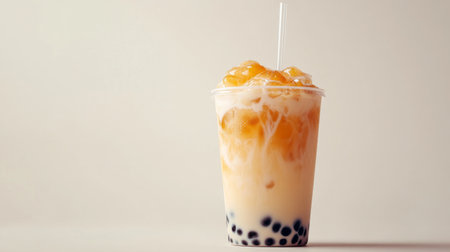 A detailed view of a cup of classic milk tea with tapioca pearls, featuring a perfectly layered appearance and a transparent straw, set on a clean white background.の素材