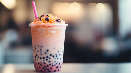 A close-up of a bubble tea cup with unique, multicolored tapioca pearls and a simple straw, placed on a white surface with a focus on the drink's attractive presentation.の素材