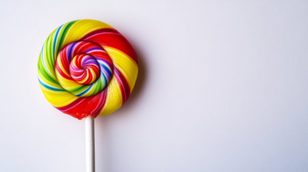 A close-up of a single lollipop with a glossy finish and bright colors, captured against a clean white background to highlight its playful and sweet appeal.の素材