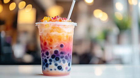A close-up of a bubble tea cup with unique, multicolored tapioca pearls and a simple straw, placed on a white surface with a focus on the drink's attractive presentation.の素材