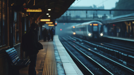 A railway platform with tracks visible in the background, with passengers waiting and a train in the distance, capturing the hustle and bustle of a busy stationの素材