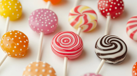 A close-up of a group of assorted lollipops with different flavors and colors, neatly arranged on a white surface to capture their vibrant and fun essence.の素材