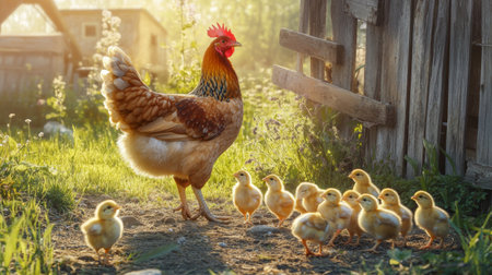 A mother hen with her chicks pecking at the ground in a sunny farmyard, surrounded by fresh grass and a rustic wooden fence.の素材