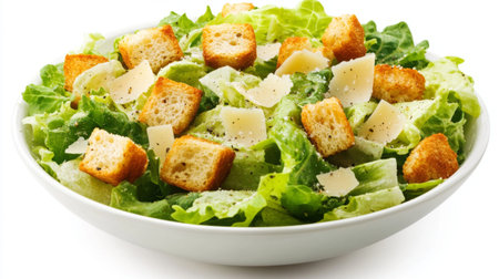 A fresh and vibrant Caesar salad with romaine lettuce, croutons, Parmesan cheese, and Caesar dressing, presented in a white bowl on a white background.の素材