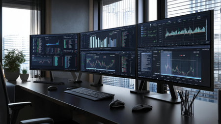 A modern office workspace with multiple monitors displaying data analytics and graphs, showcasing advanced technology in a sleek, organized environment.の素材